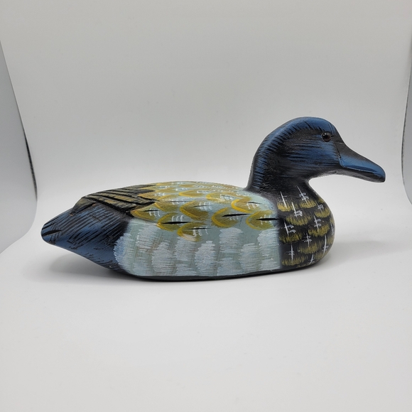 Wooden Duck Decoy Decor Handcarved Glass Eyes Hand Painted Small 3x8x2 - Picture 3 of 8